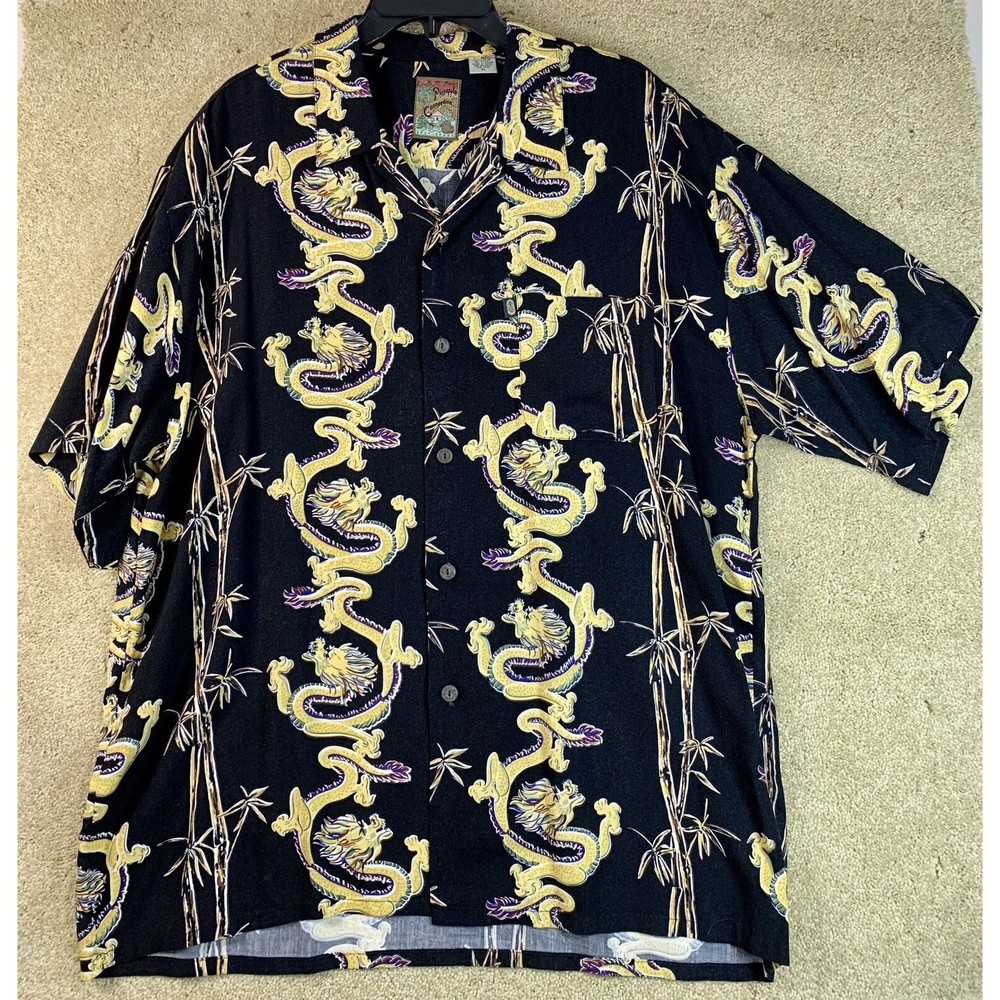 Pineapple Connection XL Aloha Shirt Rayon Black Hawaiian Dragon Bamboo EUC